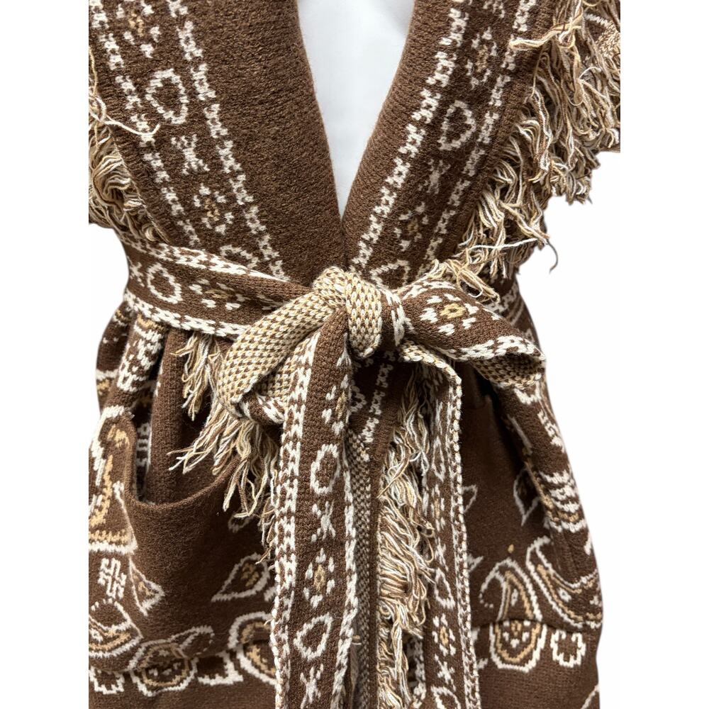 Orlinn Paris Brown Paisley Knit Fringe Belted Boho Western Vest NWT M - Picture 5 of 9